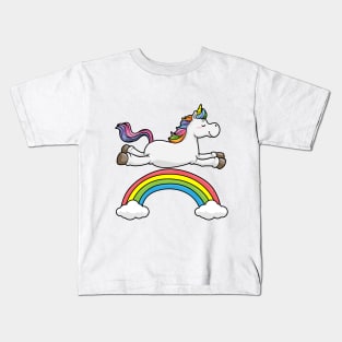 Floating unicorn on a rainbow with clouds Kids T-Shirt